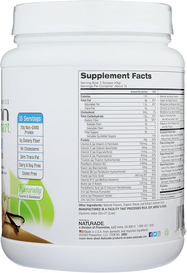 Vegansmart Naturade Plant Based Vegan Protein Powder - All-in-One Nutritional Shake Protein Blend - Gluten Free & Non-GMO - Vanilla (15 Servings)