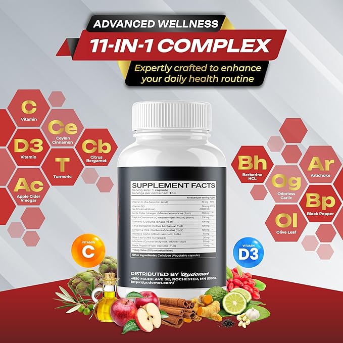 Apple Cider Vinegar Ceylon Cinnamon Turmeric Odorless Garlic Olive Leaf Artichoke Black Pepper -150 Capsules- Made in USA