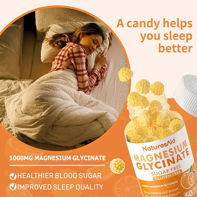 Magnesium Glycinate Gummies 1000mg - Sugar Free Magnesium Potassium Supplement with Vitamin D, B6, CoQ10 for Calm Mood & Sleep Support - 60 Orange Gummies -1 Pack