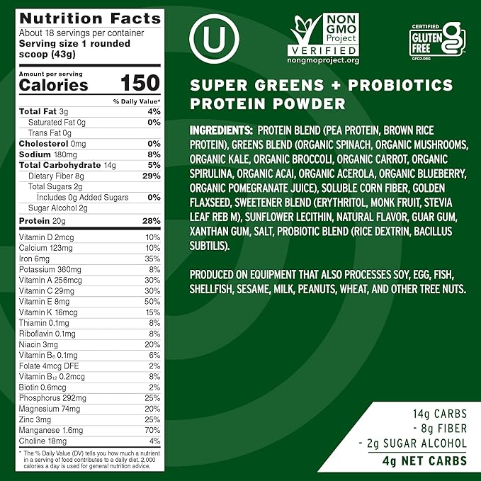 No Cow Plant-Based Protein Powder Plus, 20g Protein with 9 Essential Amino Acids & Super Greens, 5 Billion CFU Probiotics Bacillus Subtilis for Healthy Digestion, Perfect Breakfast Start