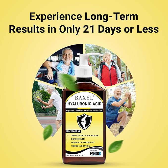 BAXYL® - Liquid Hyaluronic Acid for Joint Relief Supplement (Vegan, Gluten-Free, Non-GMO, Patented Oral MHB3) | 6 Oz, 36 Day Supply
