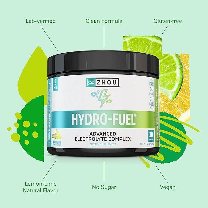 Zhou Nutrition Hydro Fuel, Sugar Free Electrolyte Powder, Replenish Nutrients, Restore Hydration, Natural Mineral Complex with Coconut Water Concentrate, Vegan, Gluten Free, Lemon Lime, 30 servings