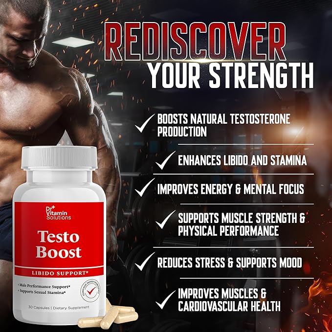 DR VITAMIN SOLUTIONS Testo Boost Supplement for Men - Stamina, Endurance & Energy Enhancement - Male Testosterone Booster w/Fenugreek, Tribulus, Tongkat Ali, Horny Goat Weed - 30 Capsules