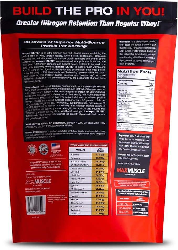 Max Muscle Maxpro Elite Whey Protein Powder | 30g Protein | 0g Sugar | 6.6g BCAAs | Micellar Casein Cold Filtered Whey Isolate Protein | Promotes Muscle Growth & Recovery (Strawberry Banana, 4lb)