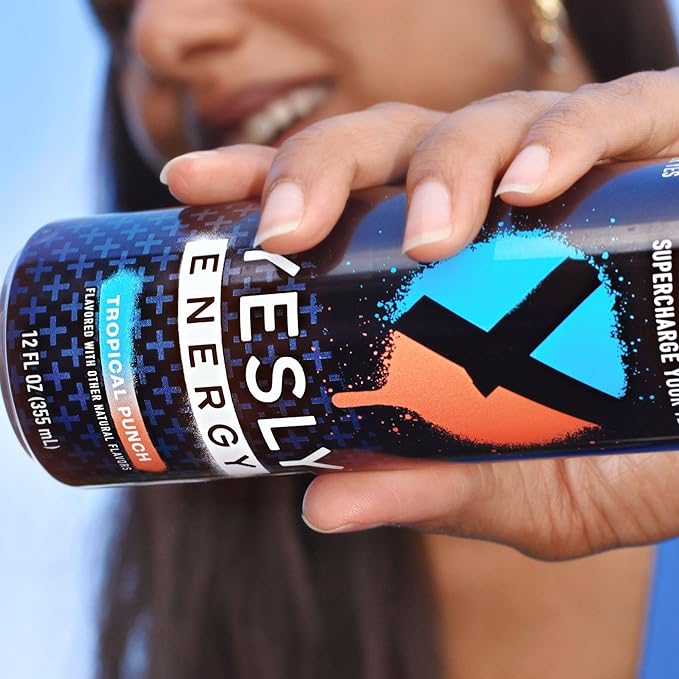 Yesly Energy Drink, Tropical Punch, Naturally Flavored Sparkling Energy Water With Electrolytes, Magnesium, Potassium, Vitamin C, B6 & B12, Natural Caffeine From Green Tea, 12 Fl Oz Cans, 12 Pack
