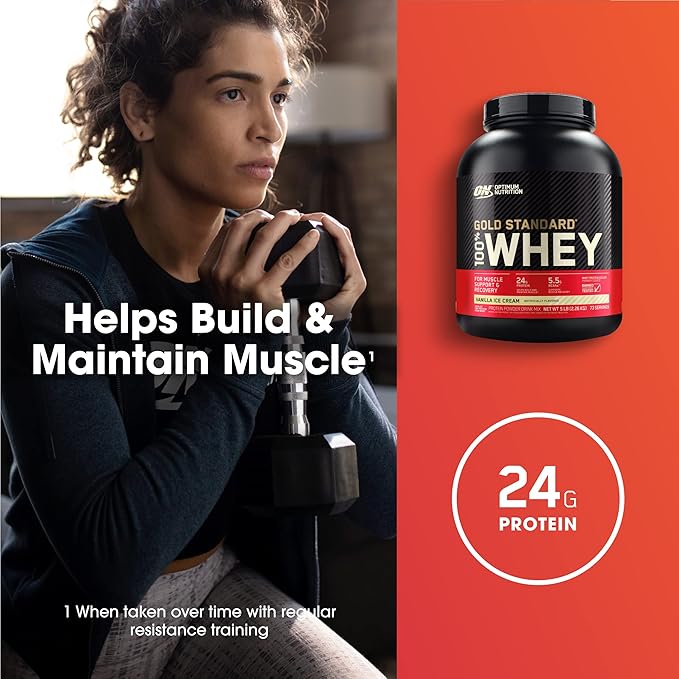 Optimum Nutrition Gold Standard 100% Whey Protein Powder, Vanilla Ice Cream, 5 Pound (Packaging May Vary)