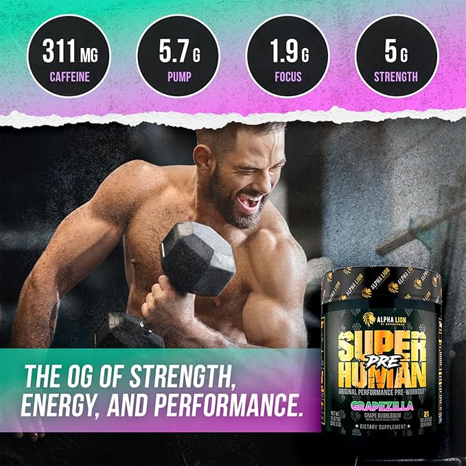 ALPHA LION Superhuman Pre Workout Powder, Beta Alanine, L-Taurine & Tri-Source Caffeine for Sustained Energy & Focus, Nitric Oxide & Citrulline for Pump (21 Servings, Grapezilla)