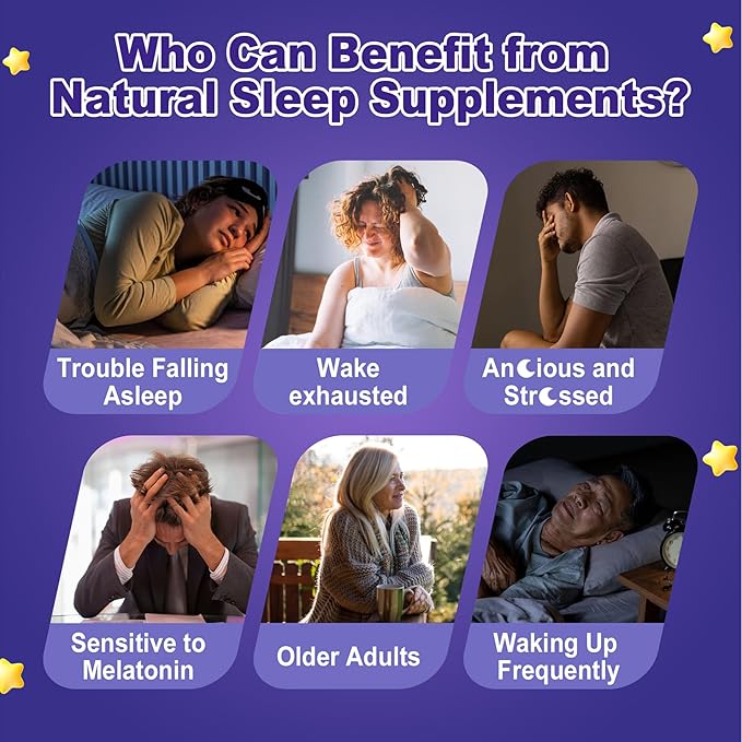 Melatonin Free Sleep Gummies with Magnesium Glycinate, GABA, 5-HTP, L-Theanine, Valerian, Chamomile, Lemon Balm, Vitamin D3 & B6 - Hormone & Drug- Free, Non-Habit Forming,Sugar Free