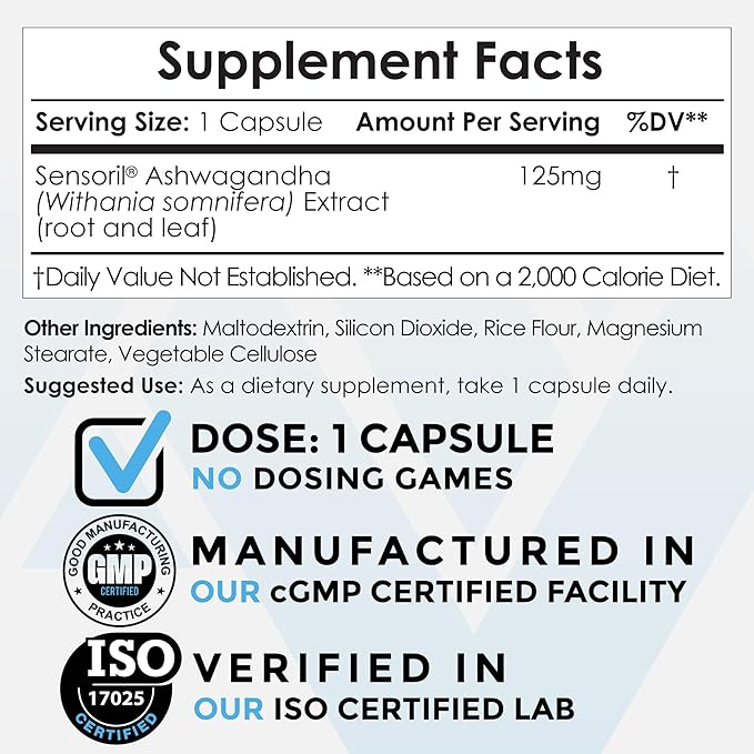 Nootropics Depot Sensoril Ashwagandha Capsules | 125mg | 90 Count | Ayurvedic Herb | Standardized Withania somnifera Extract