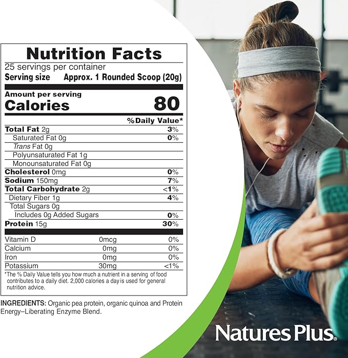 Natures Plus Organic Pea Protein - 1.1 lbs, Vegan Drink Powder - High Energy Protein Powder, Hunger Suppressant, Muscle Builder, Promotes Heart Health - Non-GMO, Vegetarian, Gluten-Free - 25 Servings