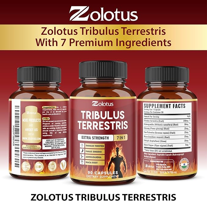 Tribulus Terrestris Capsules with Ashwagndha, Panax Ginseng, Saw Palmetto, Maca, Shilajit - 90 Capsules - 3 Months Supply