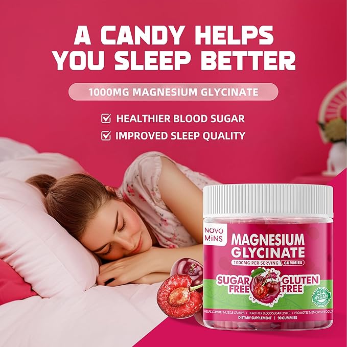 90 CT Magnesium Glycinate Gummies 1000mg - Sugar Free Magnesium Potassium Supplement with Vitamin D, B6, CoQ10 for Calm Mood & Sleep Support - 90 Cherry Gummies.