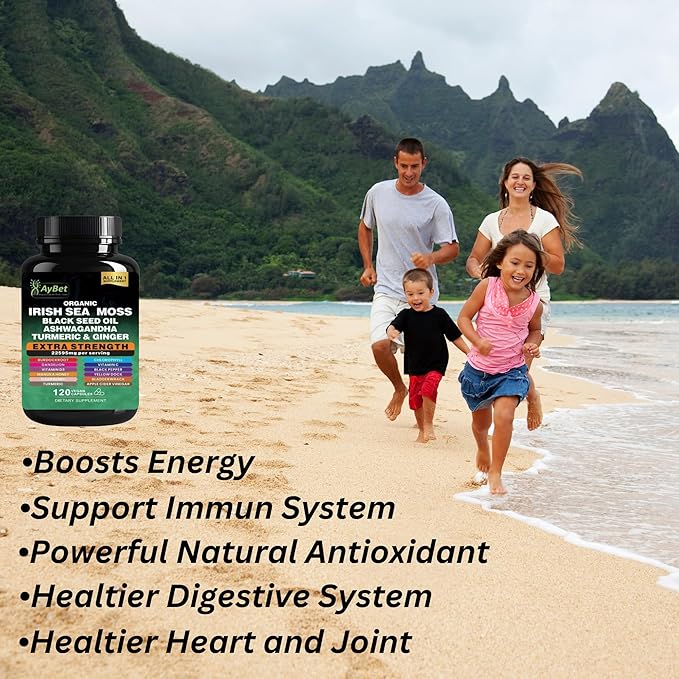 Organic Irish Sea Moss, Black Seed Oil, Ashwagandha, Turmeric,Ginger Capsule, Bladderwrack, Burdock, VIT C&VIT D3, Elderberry, Manuka Honey, Dandelion, Yellow Dock, Apple Cider Vinegar, Halal, Vegan
