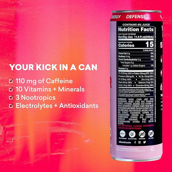 EBOOST Super Fuel Natural Energy Drink - Strawberry Lemonade - 12 Pack x 11.5 Fl Oz - Natural Caffeine from Coffee & Green Tea - Essential Electrolytes, Nootropics & Vitamins - Sports Preworkout Drink