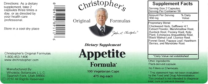 Christopher's Original Formulas Appetite Formula - 100 Capsules, Natural Herbal Blend for Appetite and Digestive Balance