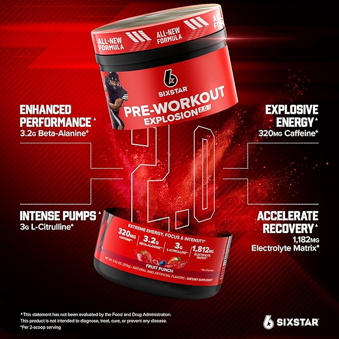 Six Star Pre-Workout Powder for Men & Women, Fruit Punch (30 Servings) - Preworkout Explosion 2.0 Energy Powder Drink Mix with Beta-Alanine & Caffeine - Sports Nutrition Supplement Products