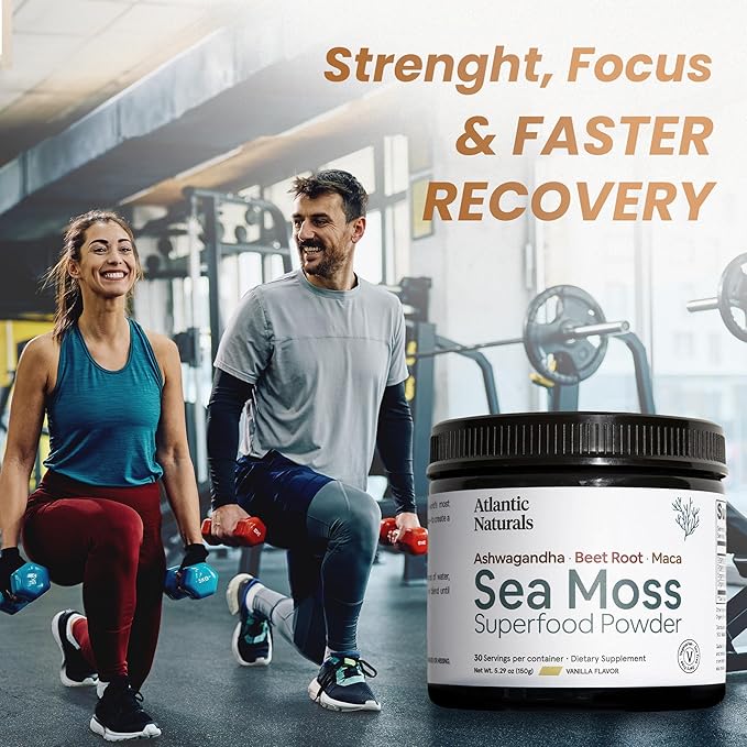 Atlantic Naturals Sea Moss Superfood Powder with Ashwagandha, Beet Root, and Maca Root - Sea Moss Powder Supports Healthy Skin, Athletic Performance, and Positive Mood - Vanilla Flavor (150g)