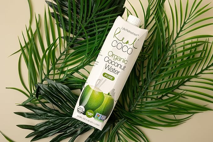 Real Coco Organic Pure Coconut Water (6-Pack 1L), USDA Organic, No Added Sugar, Plant Based, Packed with Electrolytes, Vegan