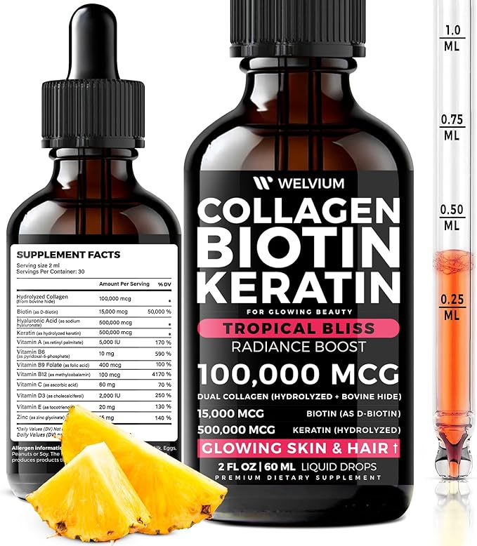 Liquid Biotin and Collagen Peptide Complex with Keratin, Hyaluronic Acid, MCT Oil, Zinc, Vitamins B6, B7, B12, A, C, D3, E - Hair Growth, Skin, and Stronger Nails Supplement for Women and Men