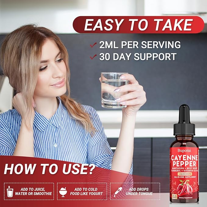 Cayenne Pepper Drops, Cayenne Pepper Extract Liquid Supplement for Overall Well-Being, 2 fl oz, Vitamin D3 K2 Beet Root Powder