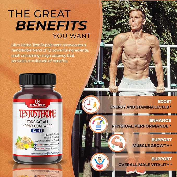 Ultra Test Capsule 12 in 1 Complex with L-Arginine, Fadogia Agrestis, Tribulus Terrestris, Maca Root, Beetroot, L-Citrulline, Creatine - USA Made (90-Day Supply)