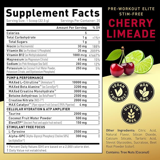 Kaged Pre Workout Powder Pre-Workout Elite Stim-Free for Men & Women, Power, Stamina, Focus, Pumps, L-Citrulline, Beta Alanine, Creatine, Caffeine-Free, Cherry Limeade, 20 Servings