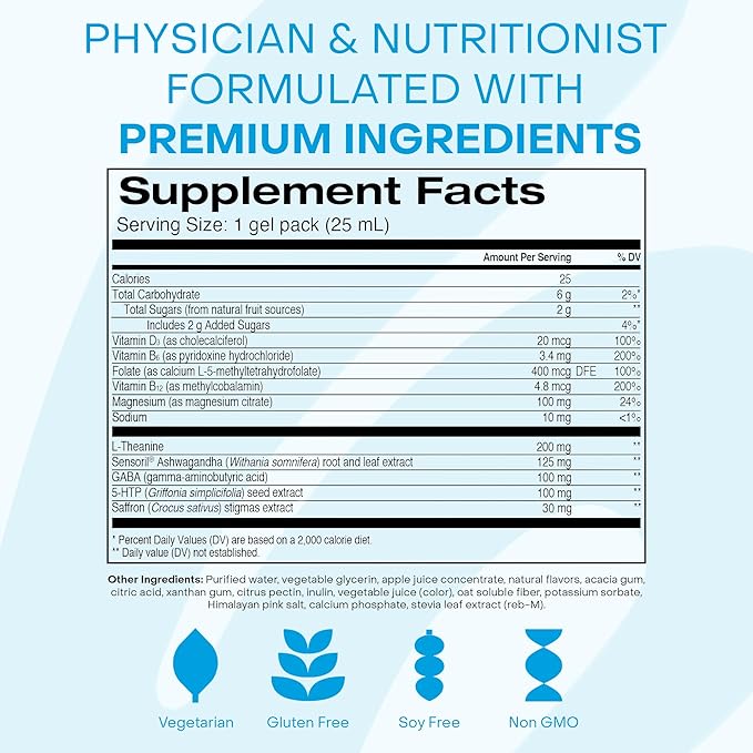 Healthycell Calm Mood Daily Liquid Supplement - Cortisol Manager & Mood Support Supplement for Stress with Ashwagandha, L-Theanine, Magnesium, 5-HTP, GABA & Saffron - 14 Gel Packs