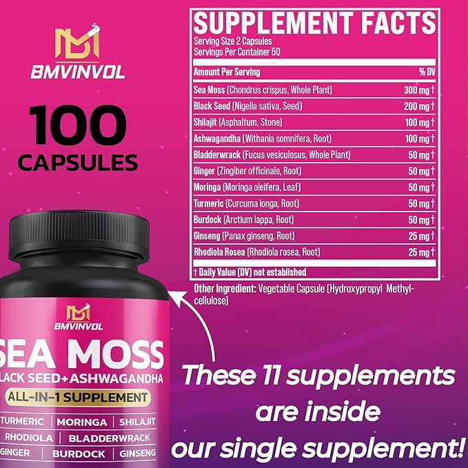 BMVINVOL Sea Moss Black Seed Shilajit Ashwagandha + Bladderwrack, Ginger, Moringa, Turmeric, Burdock, Ginseng, Rhodiola Rosea - 100 Capsules