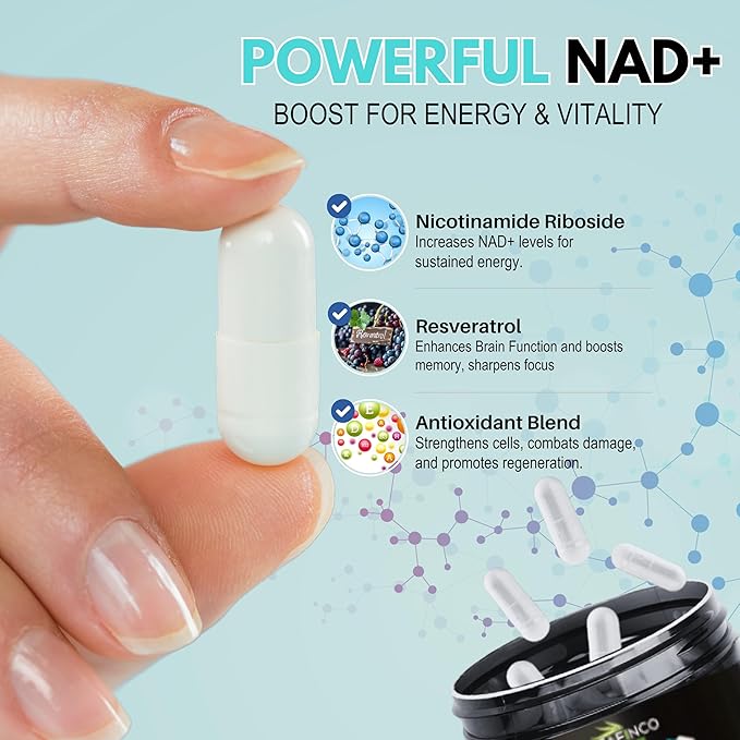 NAD Super Supplement-900 mg Extra Strength NAD Nicotinamide Resveratrol+ Bio-Quercetin Supports Anti-Aging, Energy, Focus,Cellular Health & Brain-90 Vegetarian Capsules for Men & Women