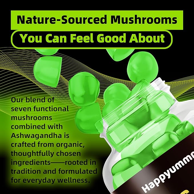 Mushroom Gummies - 10x Mushroom Supplement with Ashwagandha and Lions Mane (90 Chews) Nootropic Brain Supplement, Immune Support & Stress Relief-Fruit Flavor