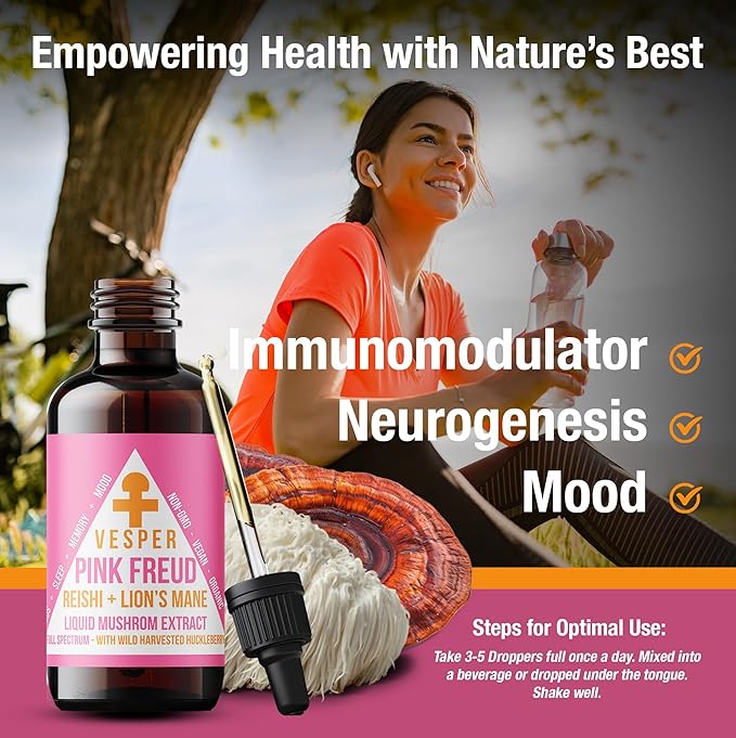 Vesper Pink Freud Mushroom Liquid Extract - Reishi & Lion’s Mane Blend with Wild Huckleberries for Immunomodulation, Neurogenesis, and Mood Support, USA-Grown, for Calm & Mental Clarity – 4oz