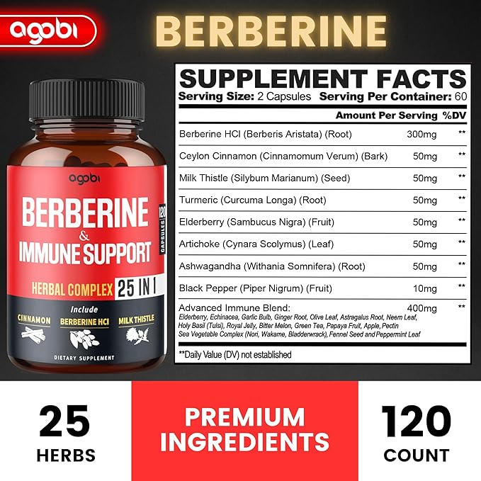 Premium Berberine Supplement with Ceylon, Ashwagandha, Turmeric, Milk Thistle, Elderberry & Black Pepper - Supports Immune System, Cardiovascular & Gastrointestinal - 120 Capsules
