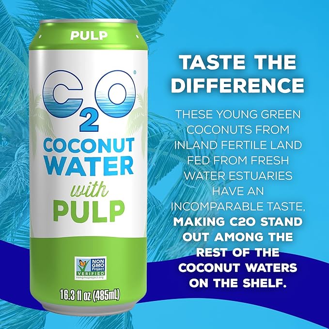 C2O - Coconut Water with Pulp (8 Pack) - Made with Fresh Coconut Water - Plant Based - Non GMO - Canned Water - Natural Hydration, Essential Electrolytes, & Potassium - 8 Cans, 16.3 FL OZ