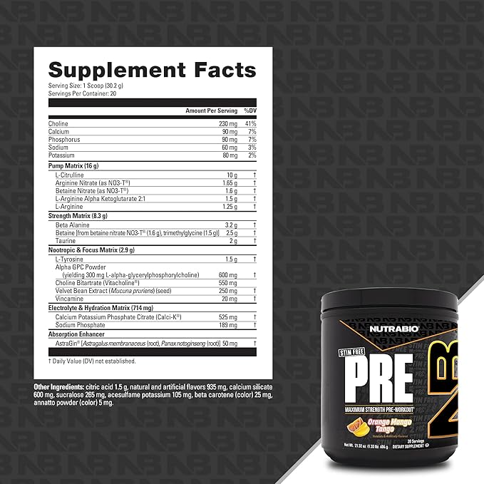 NutraBio STIM-Free PRE Workout for Men, New Formula | Laser Focus, Extreme Pumps | Performance, Endurance | 10g Citrulline, Beta Alanine, Nitrates, Nootropics, Electrolytes - 20 Servings Orange Mango