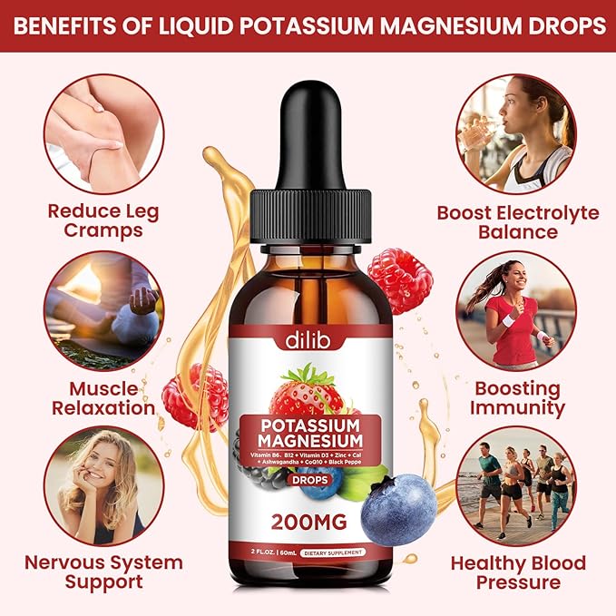 Potassium Magnesium Citrate Supplement, Liquid Magnesium Citrate Drops 200mg with Ashwagandha, Calcium, Zinc, Vitamin D3, B6, B12, CoQ10 - Vegan 2 fl oz Mix Berry Flavor