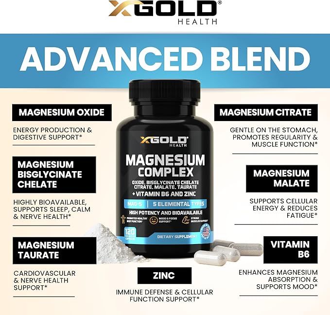 Magnesium 500mg - 7 in 1 | Magnesium Oxide, Bisglycinate Chelate,Citrate, Malate | Taurate |Vitamin B6 | Zinc | Bones, Muscle, Energy,Immune System High Absorption - Vegan- Non-GMO 120Caps