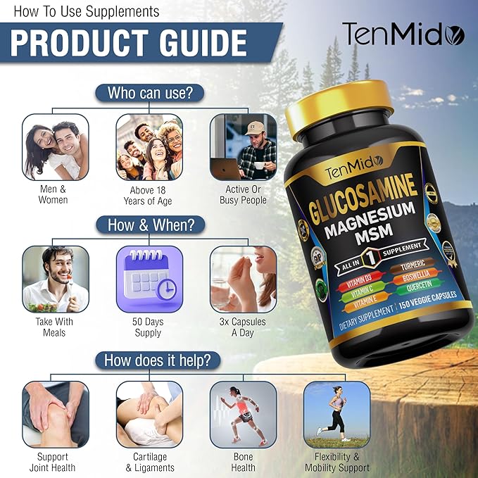 Glucosamine MSM Supplement for Men and Women - 11in1 Formula - Combine with Magnesium, Turmeric, Boswellia, Quercetin, Burdock Root, and More | Joint & Mobility Support - 150 Capsules