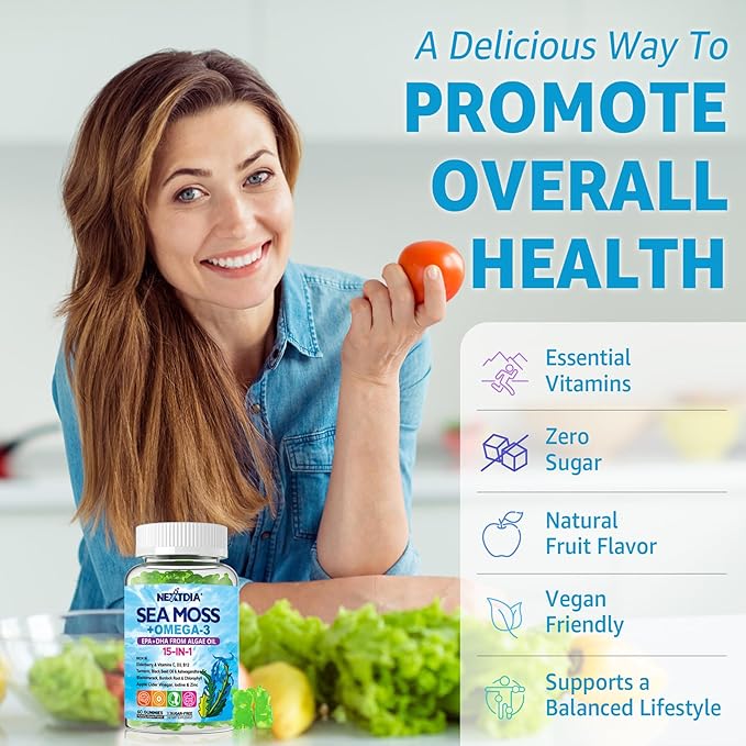 Sea Moss Gummies + Omega-3 Vegan for Man Women, Organic Irish Seamoss Supplement w/Ashwagandha, Turmeric, Elderberry, Vitamins D3, B12, C, Burdock Root, Bladderwrack, for Brain, Energy, Immunty, 60Cts