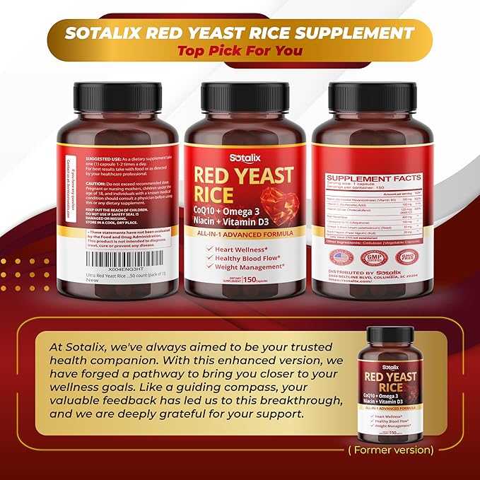 Ultra Red Yeast Rice with CoQ10, Omega 3 Niacin, Vitamin D3 for Overall Well-Being, Immune System Support - USA Made & Tested (150 Count (Pack of 1))