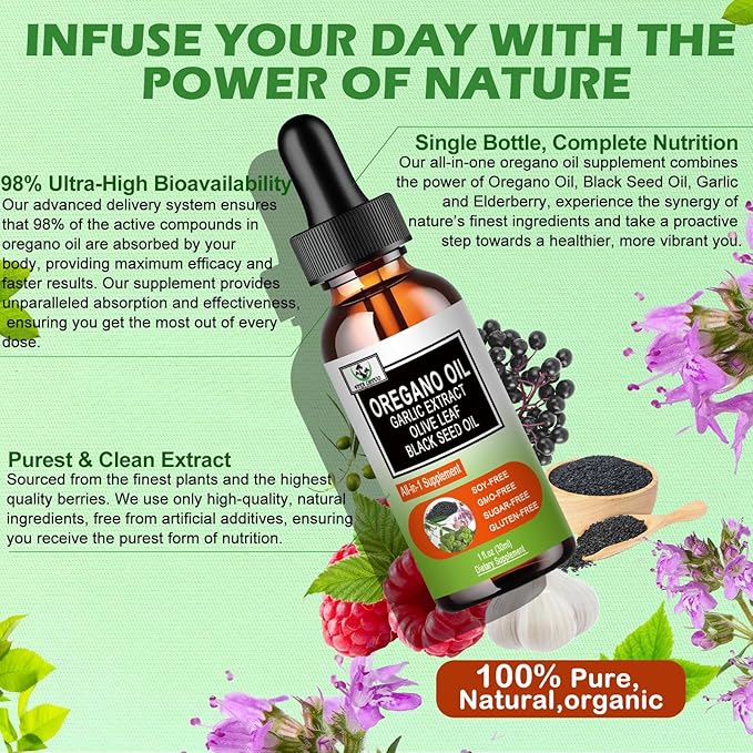 Organic Oil of Oregano with Black Seed Oil, Oregano Oil Liquid Drops w/Garlic Olive Leaf Elderberry for Immune,Digestive Support & Antioxidant,Seasonal Support Supplement for Women Men