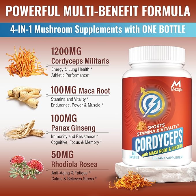 Cordyceps Mushroom Capsules - Immune & Energy Support Supplement with Cordyceps Militaris, Maca Root, Ginseng, Rhodiola, Mushroom Supplement for Endurance, Stamina, Athletic Performance, 60 Capsules