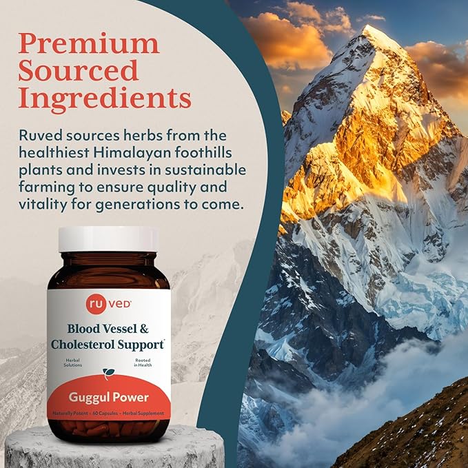Ruved Guggul Power Herbal Supplement for Ayurvedic Cholesterol Support, Red Yeast Rice, Bergamot, Guggul, and Amla Supplement for Women and Men, 60 Vegetarian Capsules