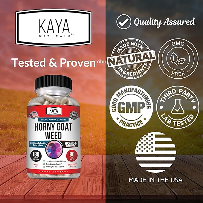 Kaya Naturals Horny Goat Weed Extract - Maca - Extra Strength Complex with Saw Palmetto Ginseng, Arginine Vitamin Supplement - Horny Goat Weed - 180 Count