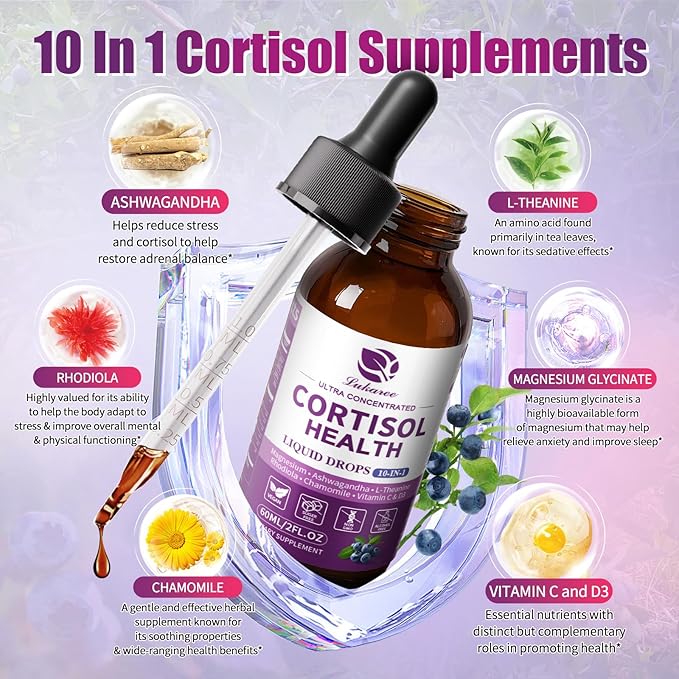 Cortisol Supplements for Women & Men, 10 in 1 Cortisol Detox Manager Reducer with Magnesium, Ashwagandha, L-theanine, Hormone Balance Liquid Drops - Mood, Focus, Sleep - 2 FL.OZ, Blueberry Flavor