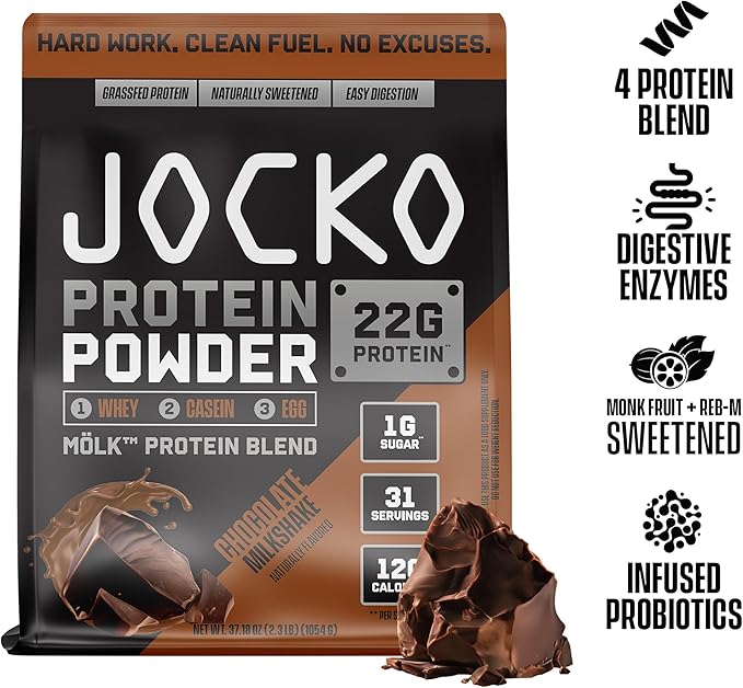 Jocko Fuel Mölk Whey Protein Powder 22g Protein - Low Sugar Monk Fruit Blend - Muscle Recovery & Growth, Packaging May Vary (31 Servings, Chocolate Milkshake)