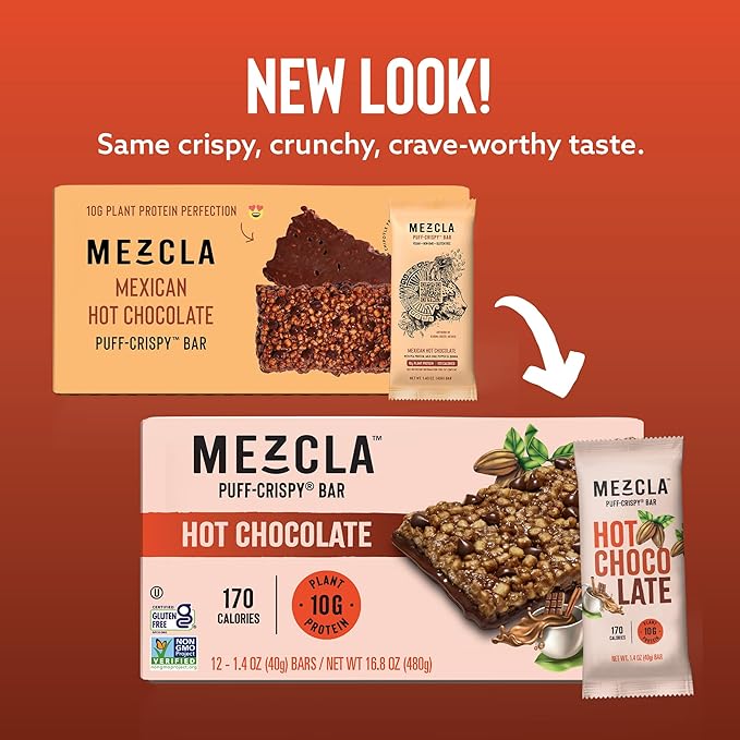 Mezcla Vegan Protein Bars, Gluten Free Snack Made with Pea Protein, Chocolate Chips and Other Premium Ingredients, Healthy Snacks, Hot Chocolate, 10g of Protein, 12 Pack