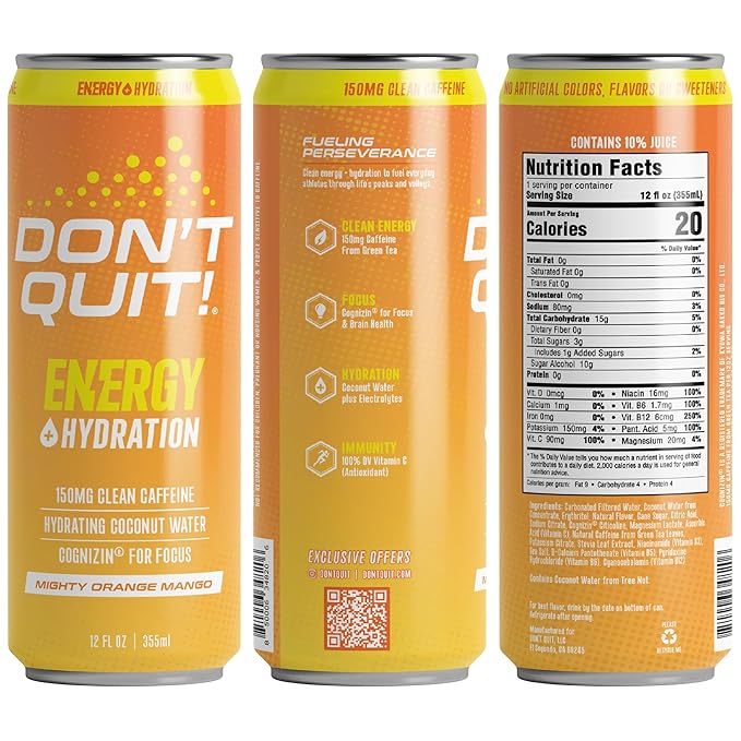 DON’T QUIT Clean Sports Energy Drink - 150 Milligrams of Natural Caffeine with Coconut Water and Electrolytes for Hydration and Cognizin® for Attention and Focus - (Mighty Orange Mango, 12 Pack)