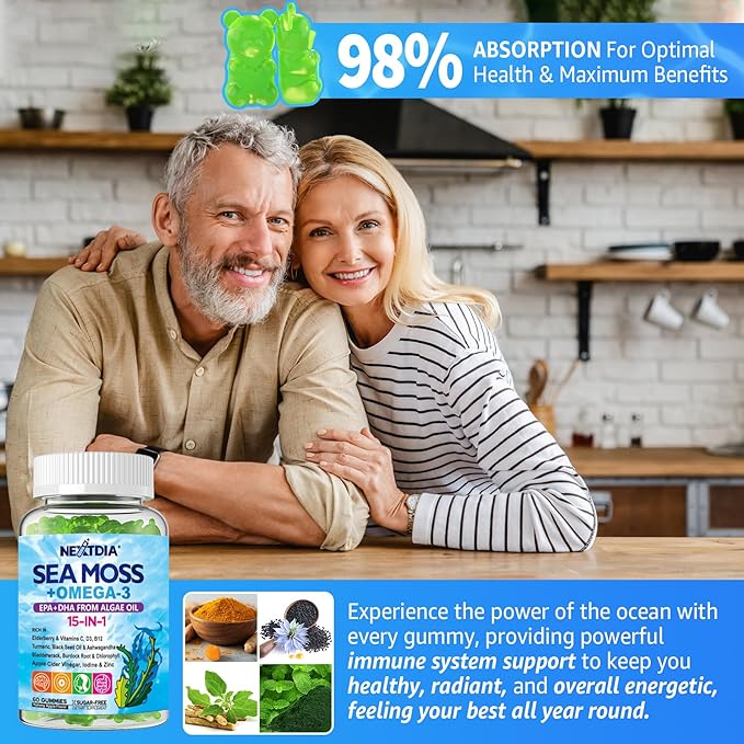 Sea Moss Gummies + Omega-3 Vegan for Man Women, Organic Irish Seamoss Supplement w/Ashwagandha, Turmeric, Elderberry, Vitamins D3, B12, C, Burdock Root, Bladderwrack, for Brain, Energy, Immunty, 60Cts
