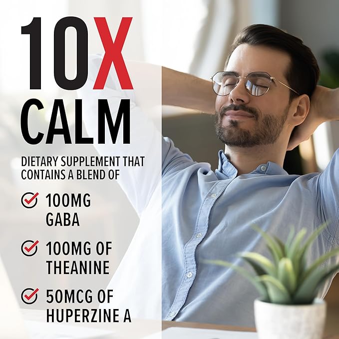 10X Health Calm GABA L-theanine Supplement Liquid Drops - 100mg L Theanine Drops & 100mg GABA Supplements to Support Nerves, Calm & Stress - Natural Flavor 2.03 Fl oz.