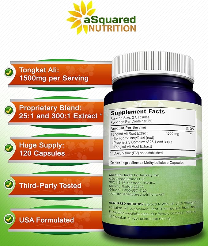 aSquared Nutrition Tongkat Ali 1500mg - 120 Capsules - Longjack (Eurycoma Longifolia) Extract Supplement & Long Jack Root Powder Pills - Tongkat Ali for Men & Women
